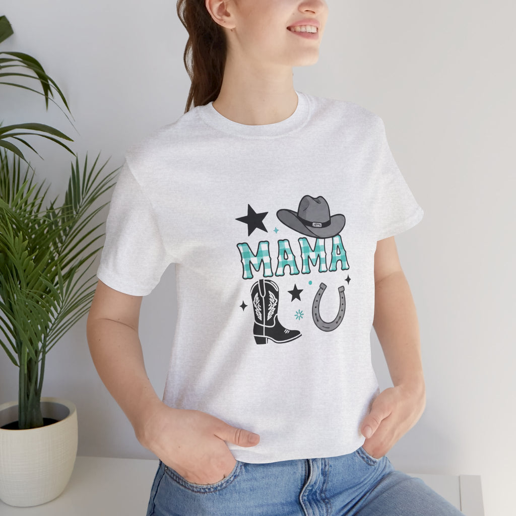 Mama Cowboy Boots & Hat T‑Shirt — Western Mama Tee with Horseshoe Graphic