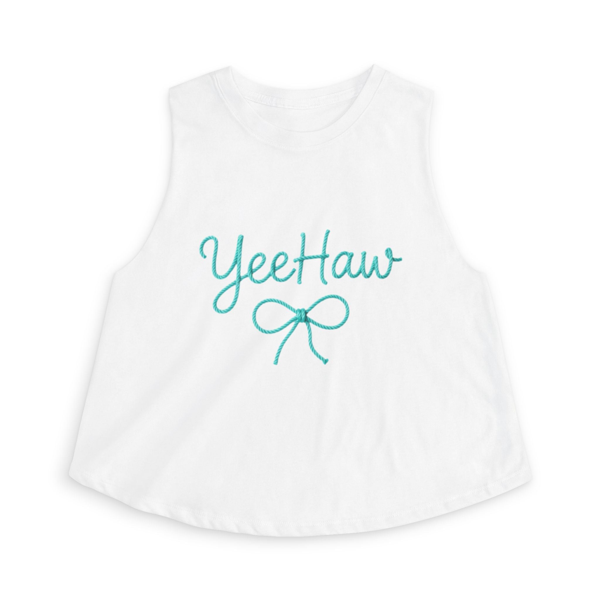YeeHaw Crop Top – Teal Script Bow Womens Western Graphic Tank