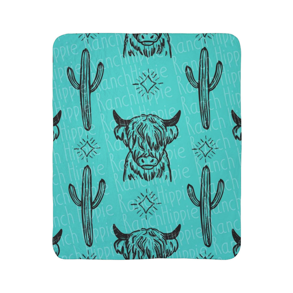 Turquoise Western Buffalo & Cactus Sherpa Blanket