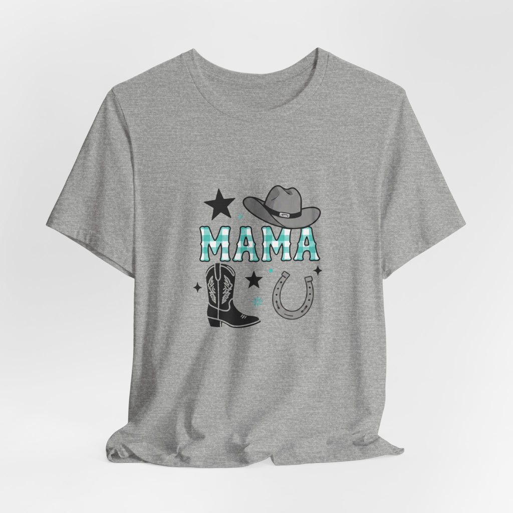 Mama Cowboy Boots & Hat T‑Shirt — Western Mama Tee with Horseshoe Graphic