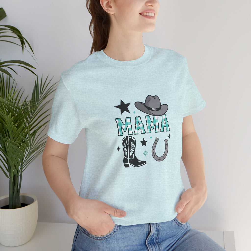 Mama Cowboy Boots & Hat T‑Shirt — Western Mama Tee with Horseshoe Graphic