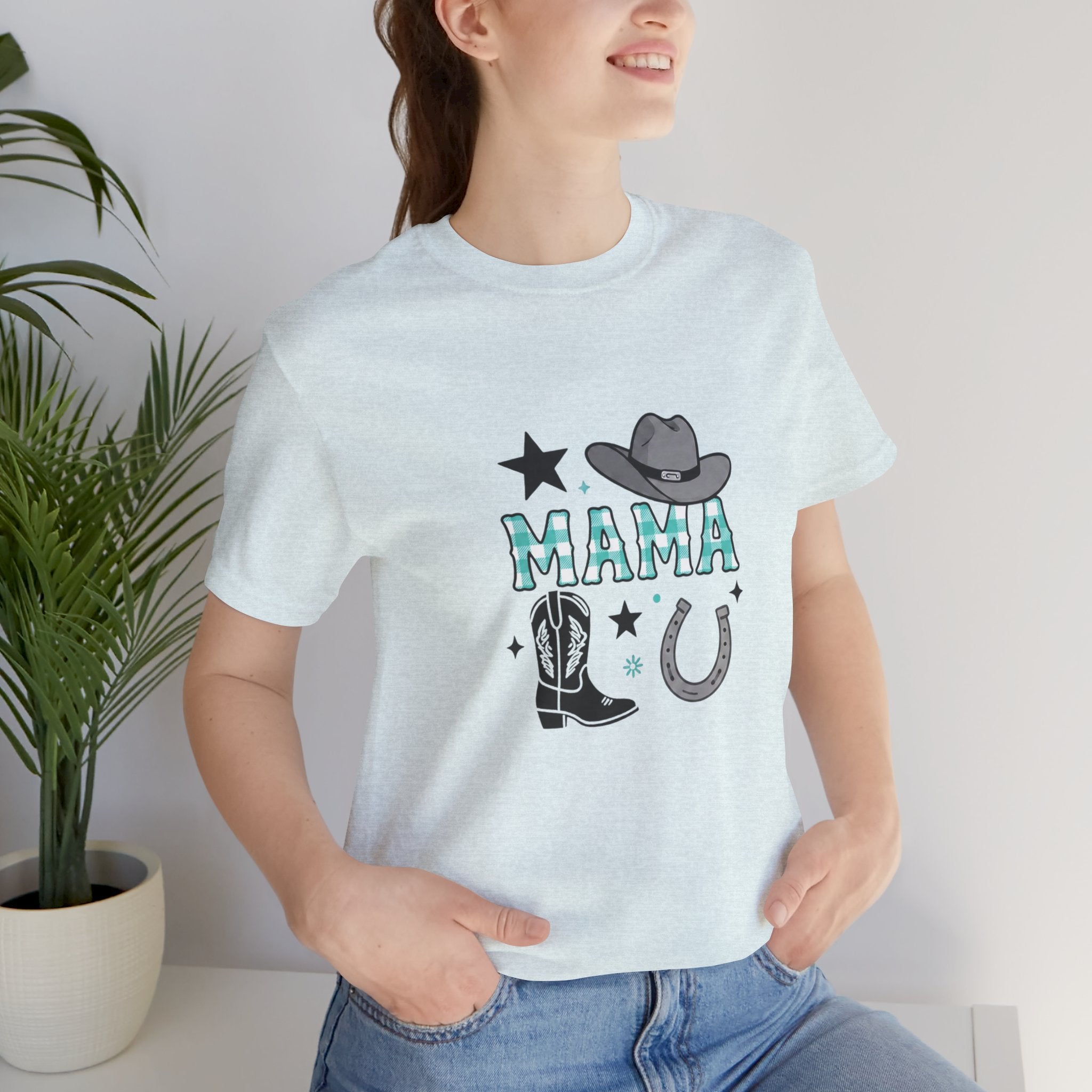 Mama Cowboy Boots & Hat T‑Shirt — Western Mama Tee with Horseshoe Graphic