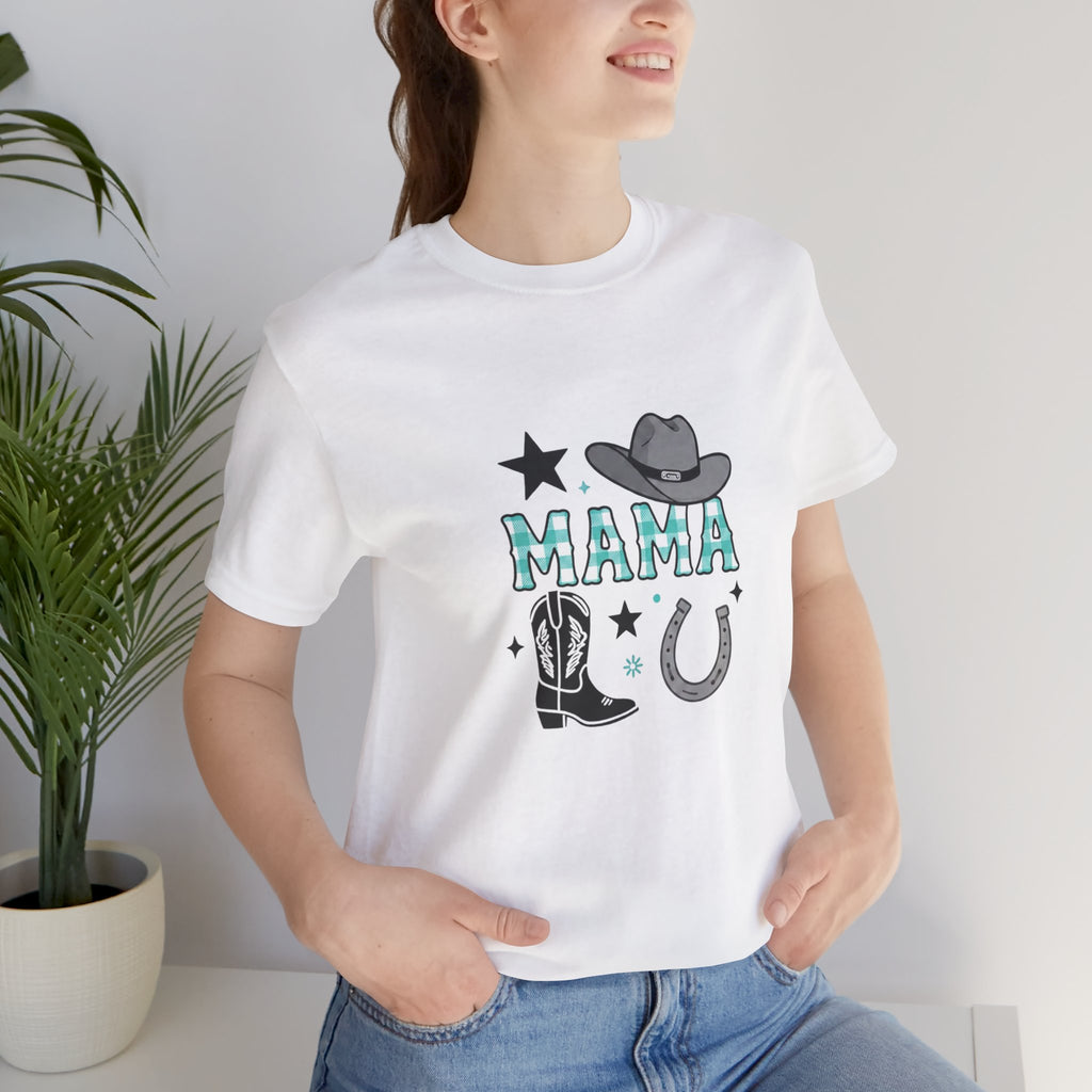 Mama Cowboy Boots & Hat T‑Shirt — Western Mama Tee with Horseshoe Graphic