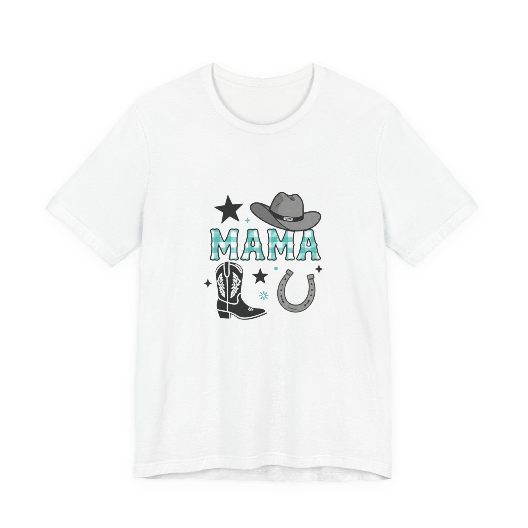 Mama Cowboy Boots & Hat T‑Shirt — Western Mama Tee with Horseshoe Graphic
