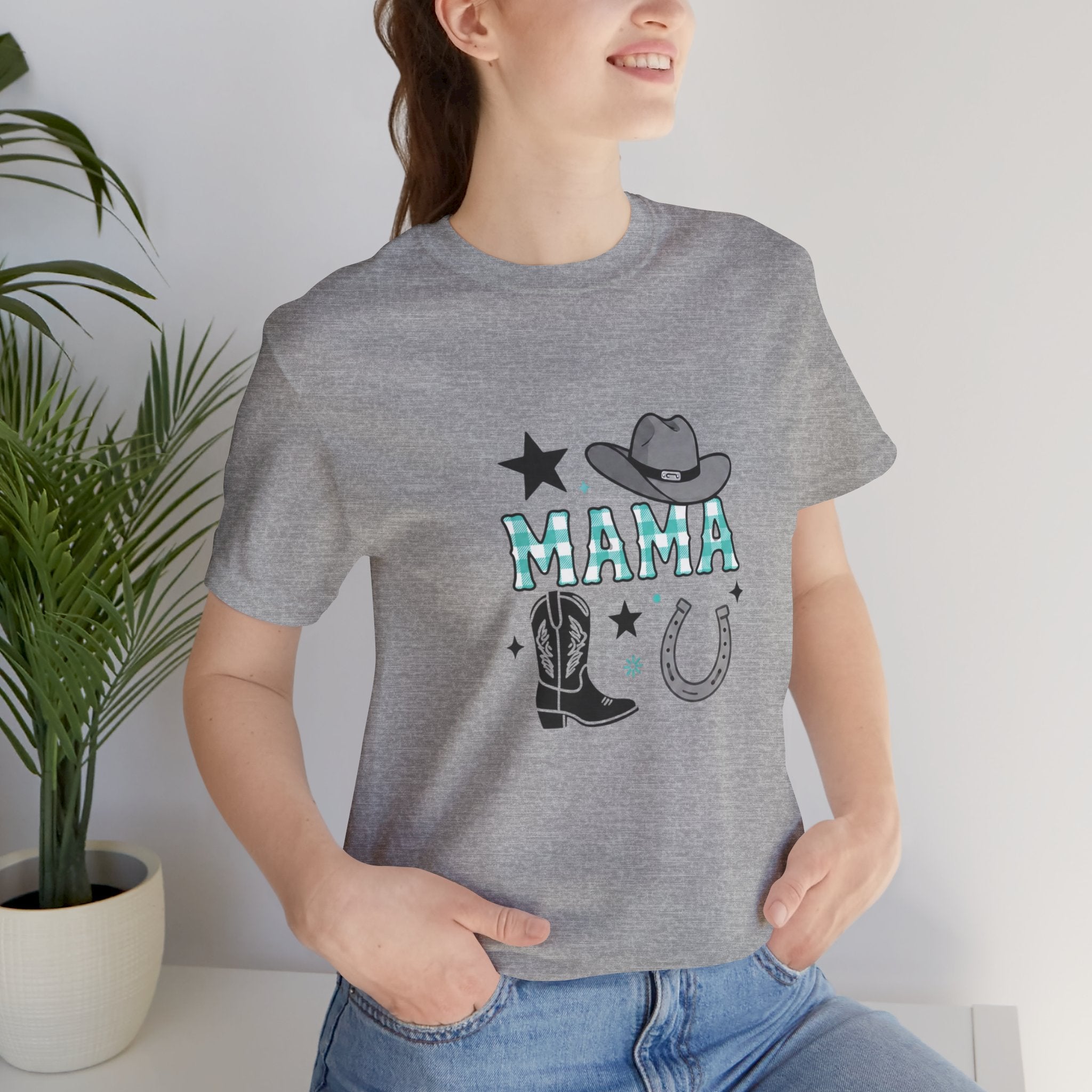 Mama Cowboy Boots & Hat T‑Shirt — Western Mama Tee with Horseshoe Graphic