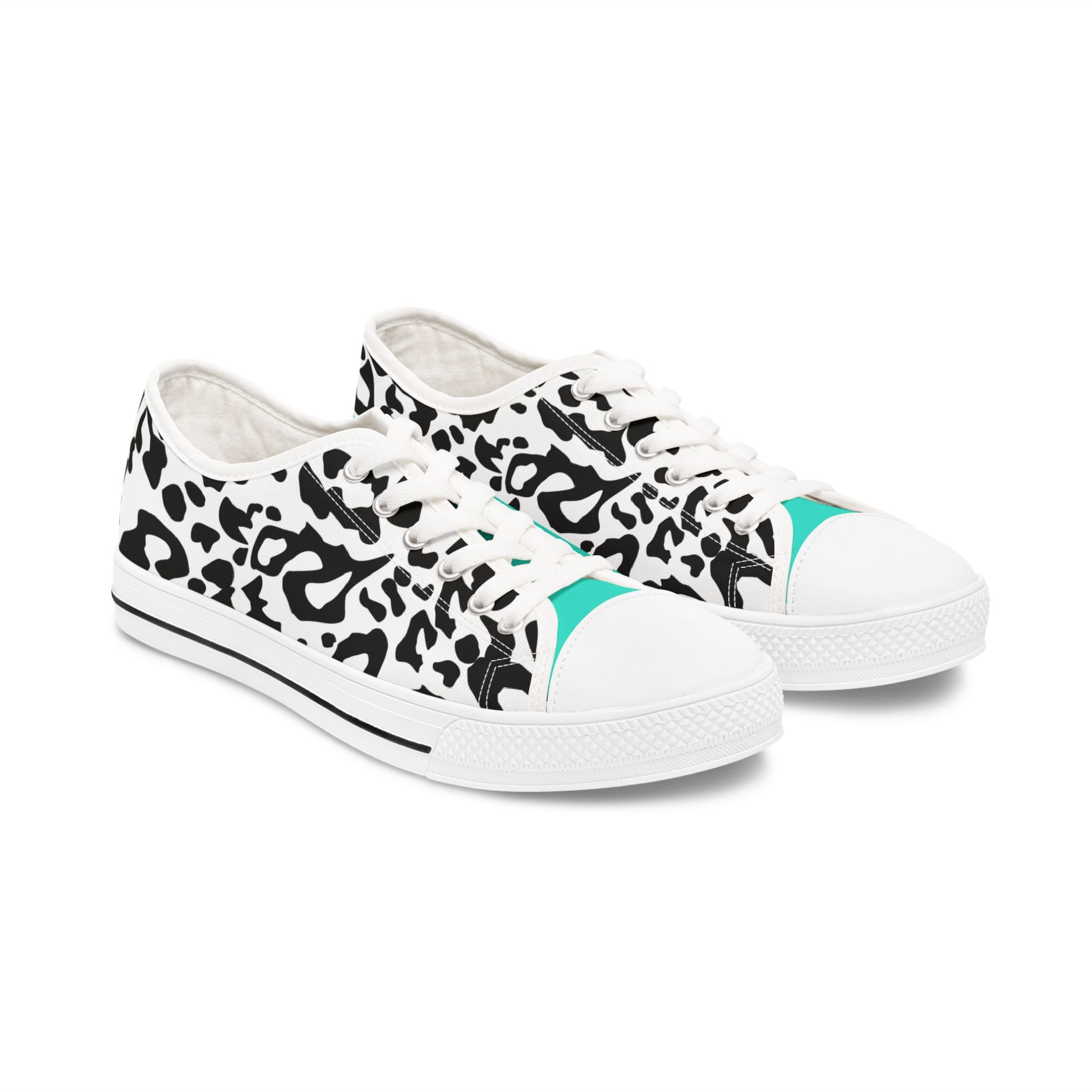 Low Top Sneakers — Black & White Leopard Print with Teal Accent