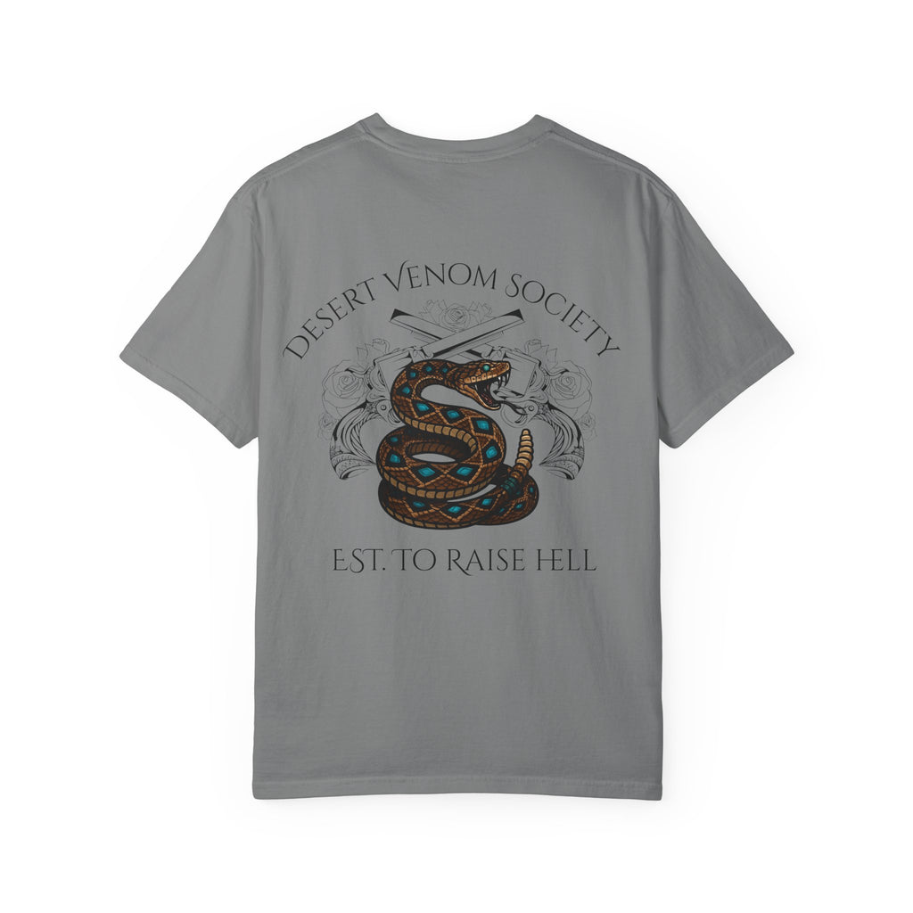 Desert Venom Society T-Shirt — Snake Graphic "Est. To Raise Hell"