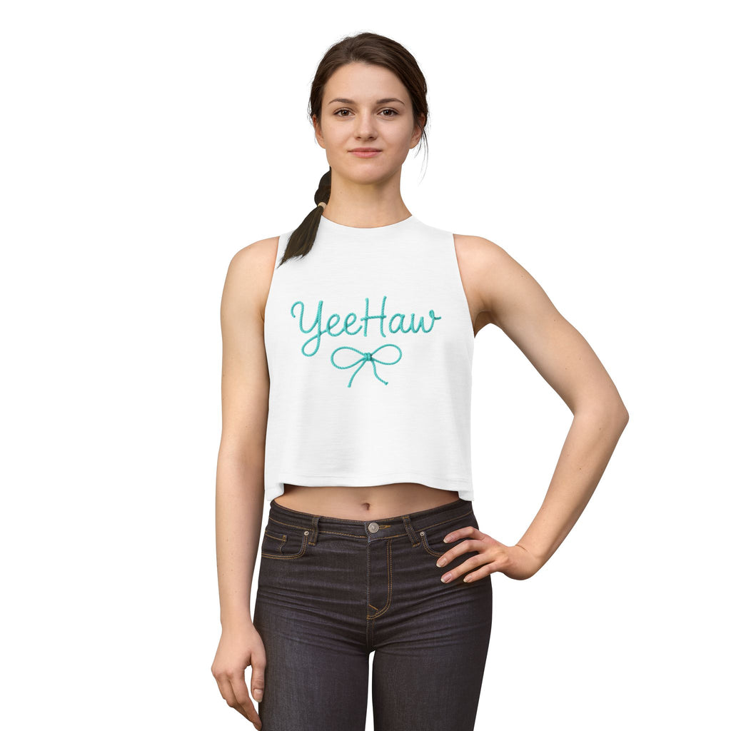 YeeHaw Crop Top – Teal Script Bow Womens Western Graphic Tank