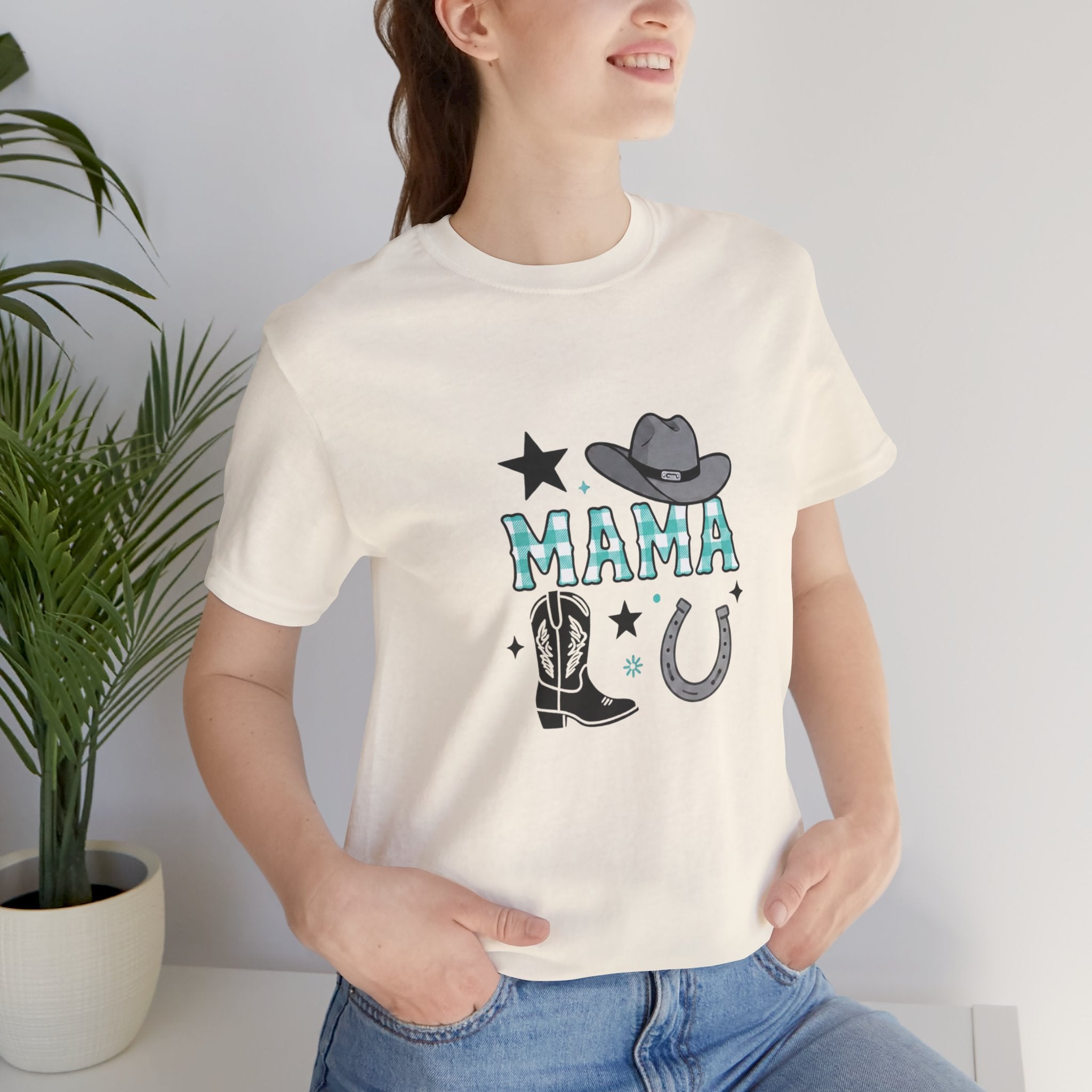 Mama Cowboy Boots & Hat T‑Shirt — Western Mama Tee with Horseshoe Graphic