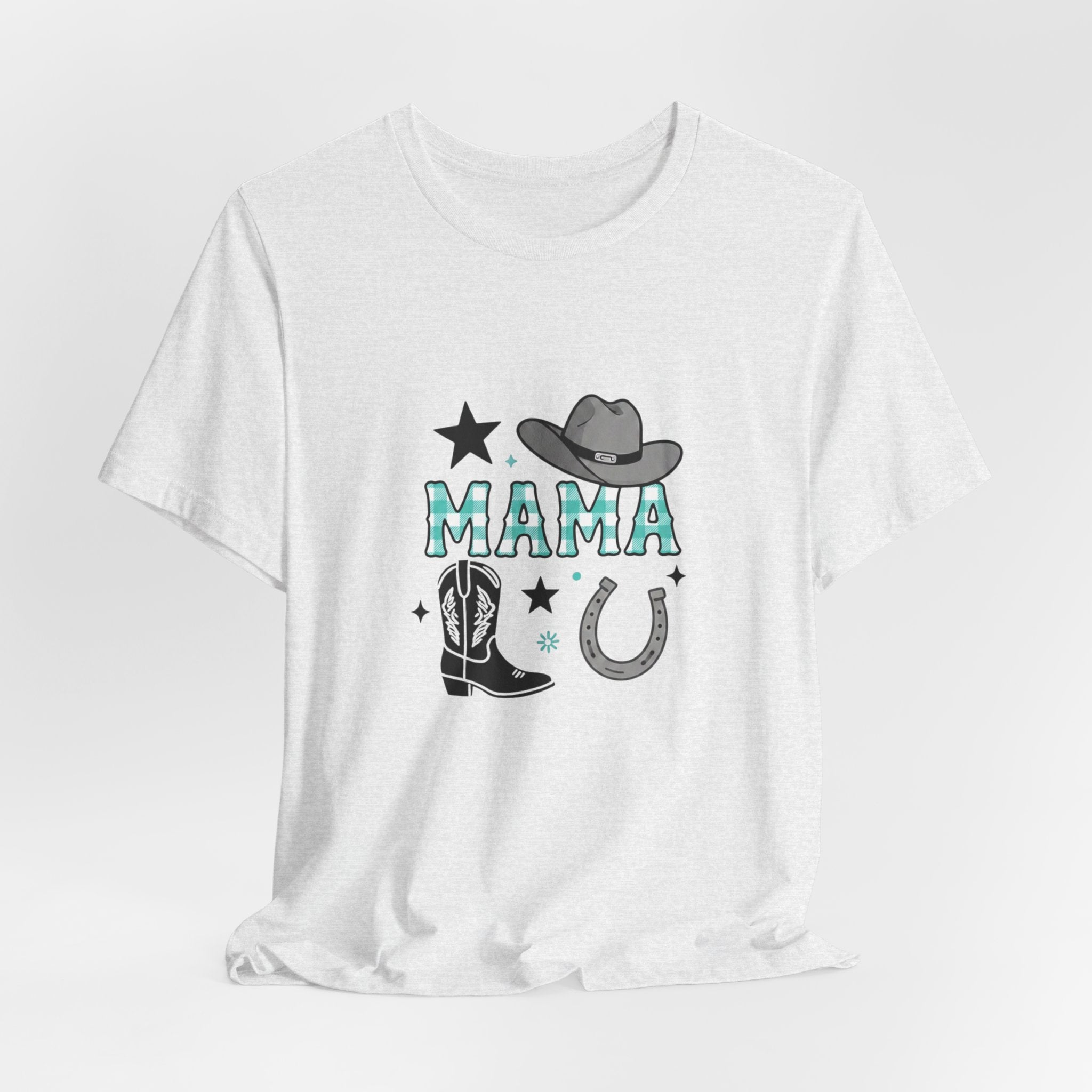 Mama Cowboy Boots & Hat T‑Shirt — Western Mama Tee with Horseshoe Graphic