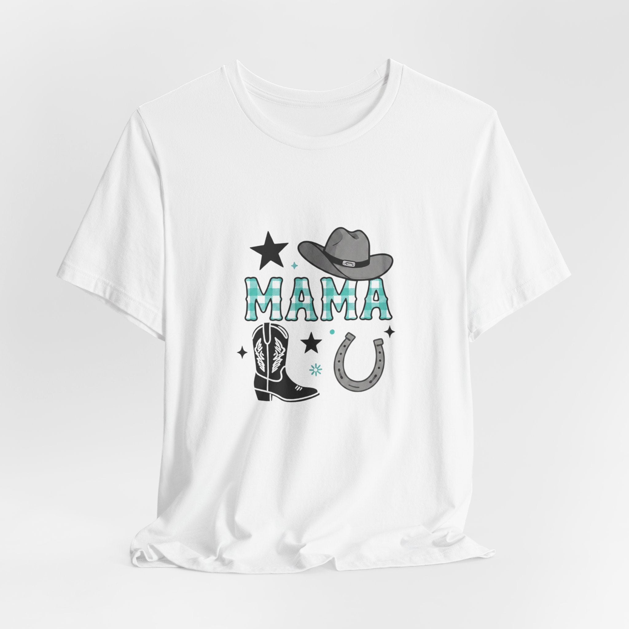 Mama Cowboy Boots & Hat T‑Shirt — Western Mama Tee with Horseshoe Graphic