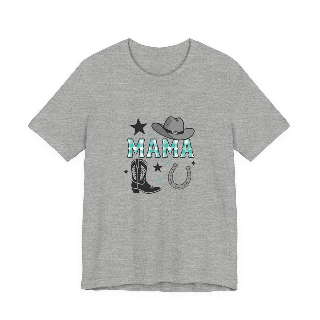 Mama Cowboy Boots & Hat T‑Shirt — Western Mama Tee with Horseshoe Graphic