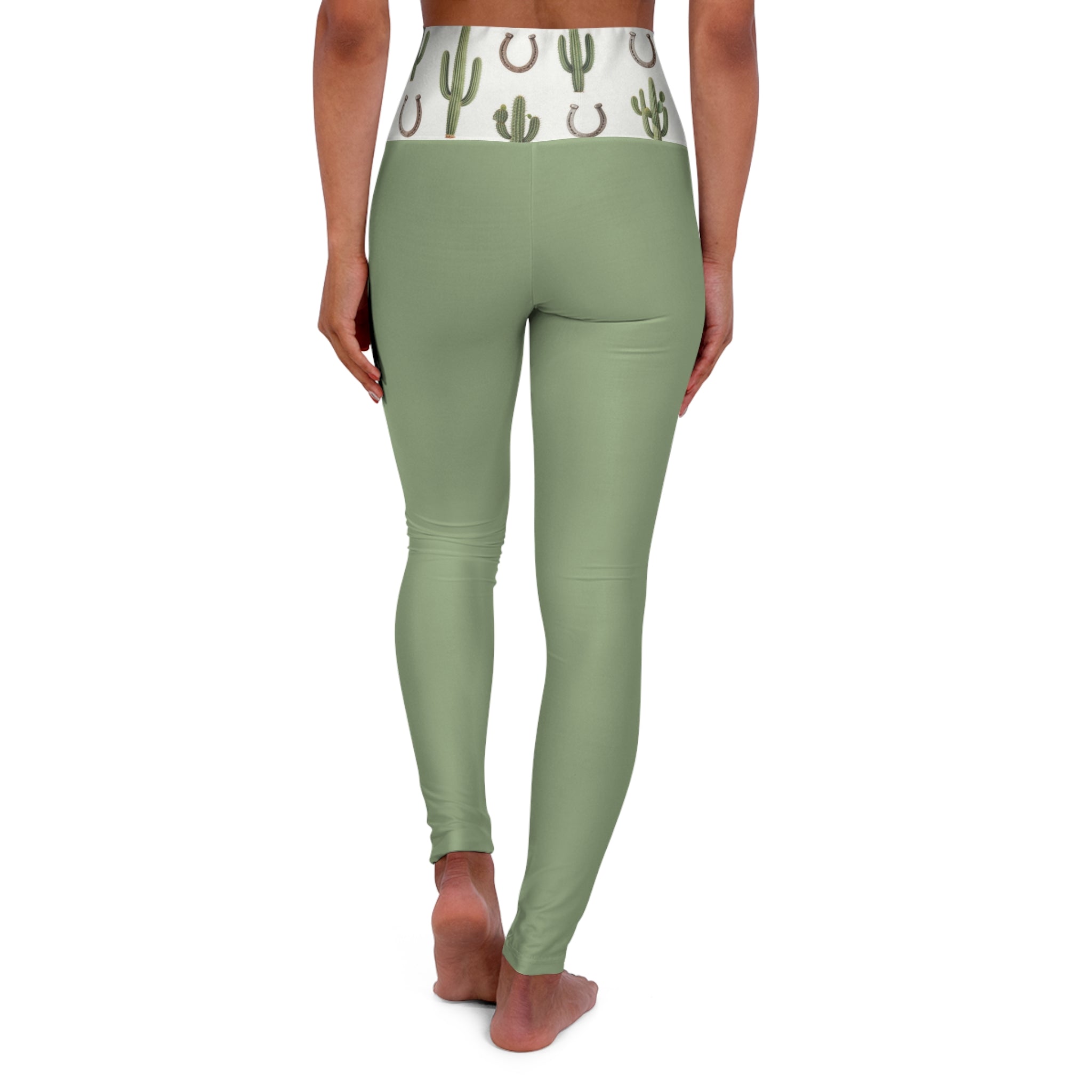 High-Waist Sage Yoga Leggings with Cactus & Horseshoe Waistband