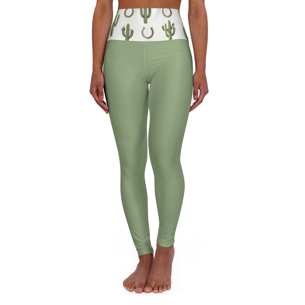 High-Waist Sage Yoga Leggings with Cactus & Horseshoe Waistband