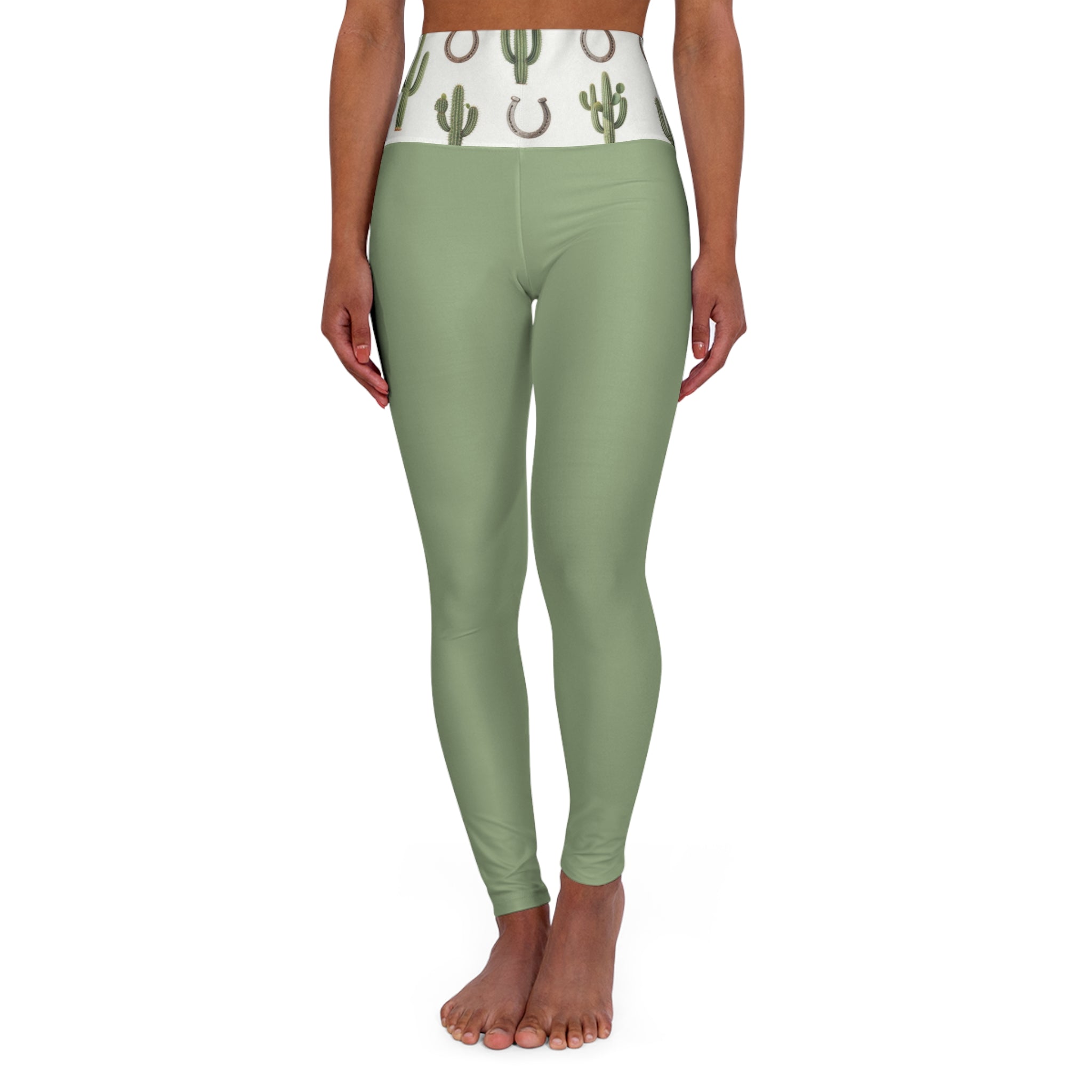 High-Waist Sage Yoga Leggings with Cactus & Horseshoe Waistband