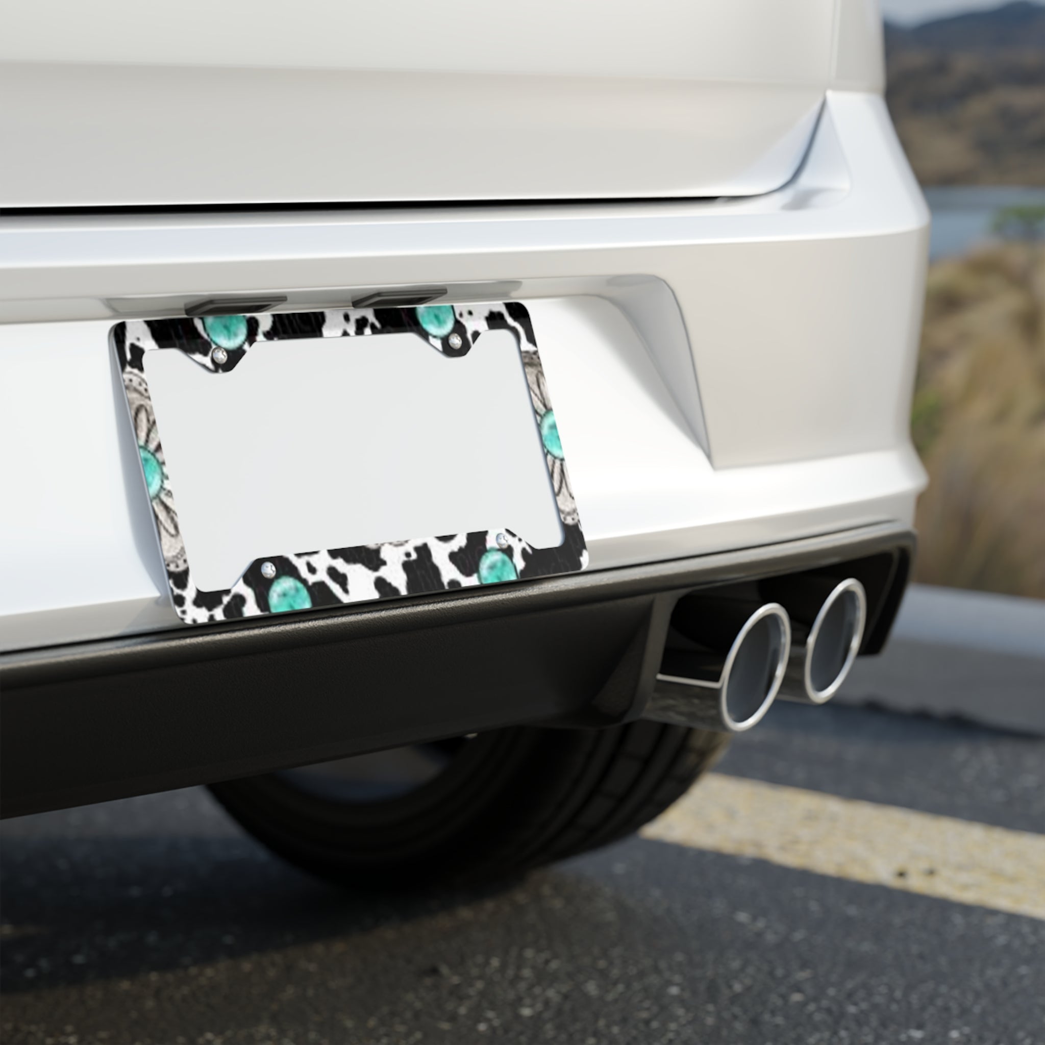 Turquoise Concho Cowhide Metal License Plate Frame