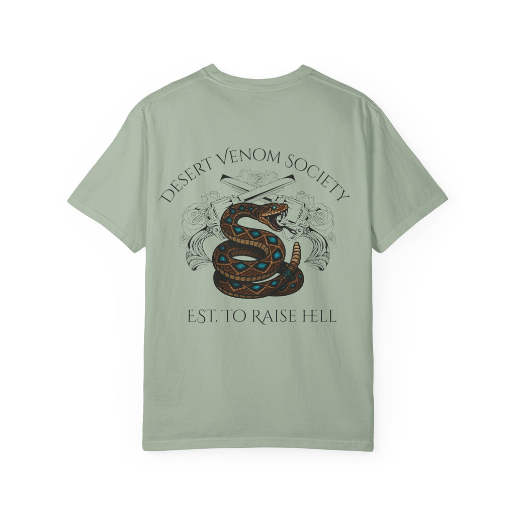 Desert Venom Society T-Shirt — Snake Graphic "Est. To Raise Hell"