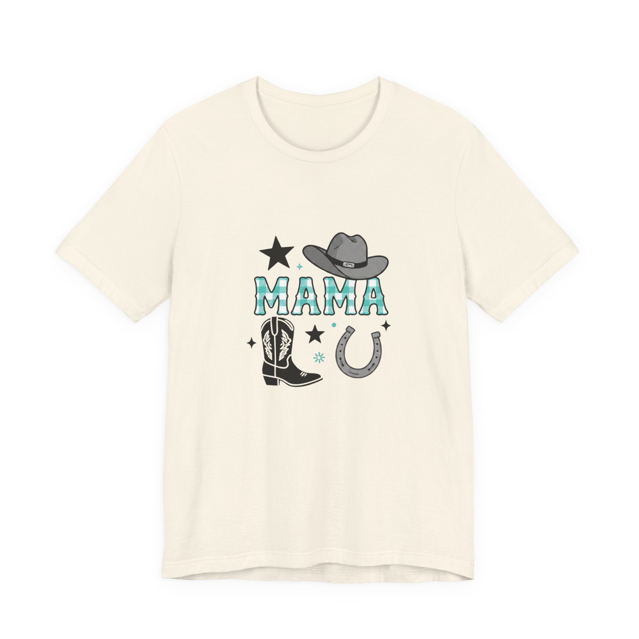 Mama Cowboy Boots & Hat T‑Shirt — Western Mama Tee with Horseshoe Graphic