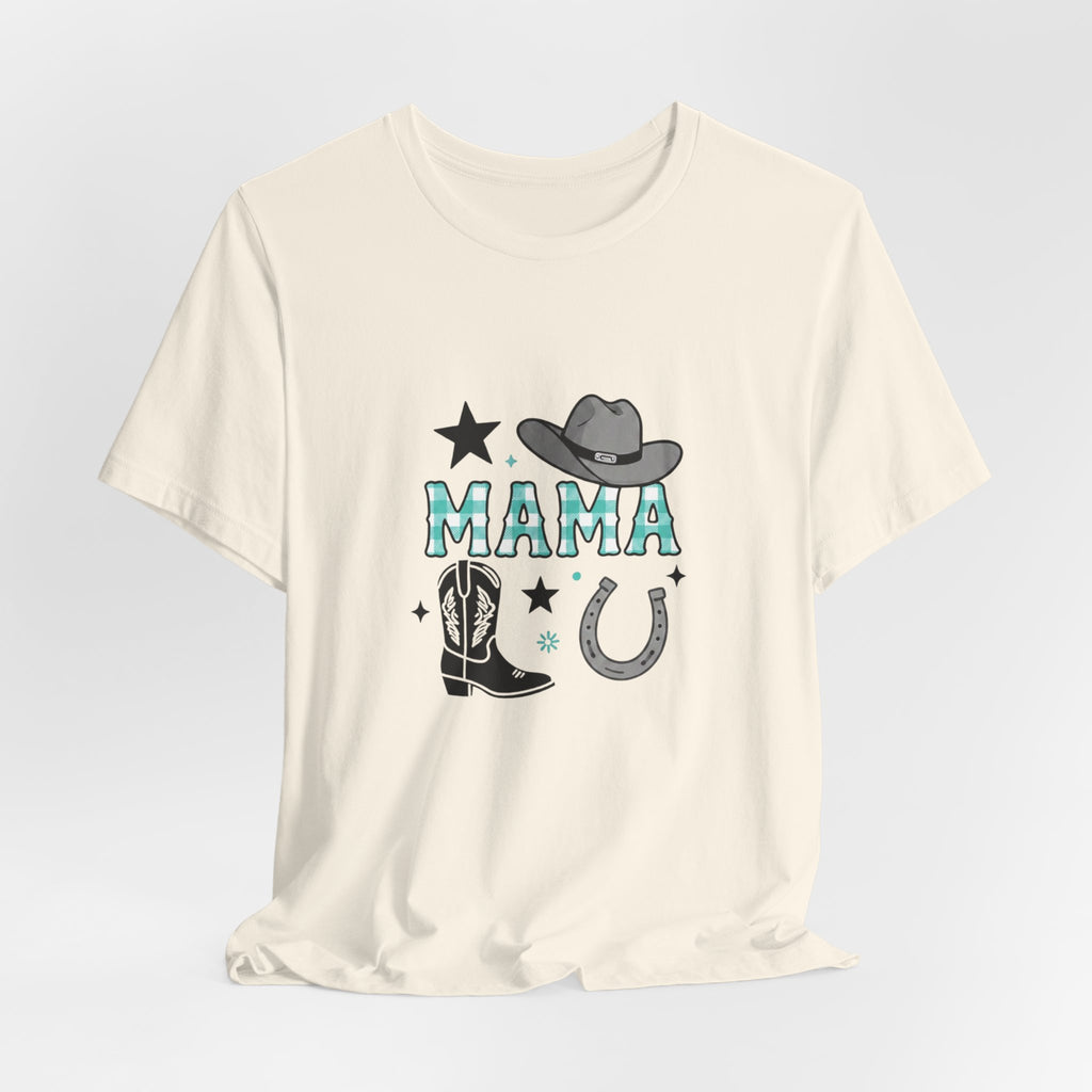 Mama Cowboy Boots & Hat T‑Shirt — Western Mama Tee with Horseshoe Graphic