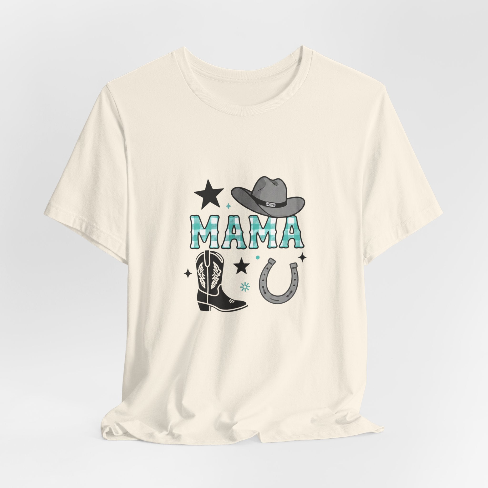 Mama Cowboy Boots & Hat T‑Shirt — Western Mama Tee with Horseshoe Graphic