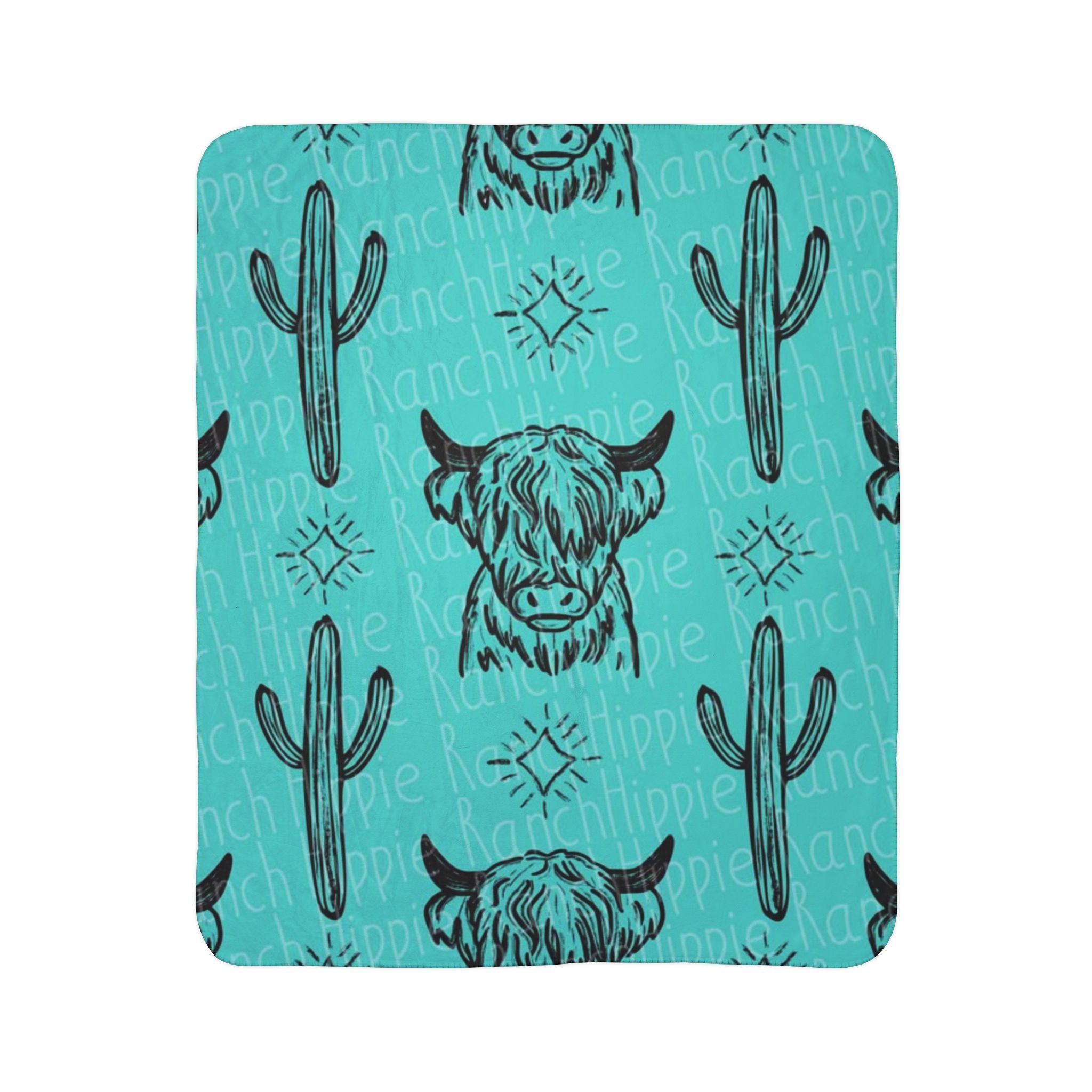 Turquoise Western Buffalo & Cactus Sherpa Blanket