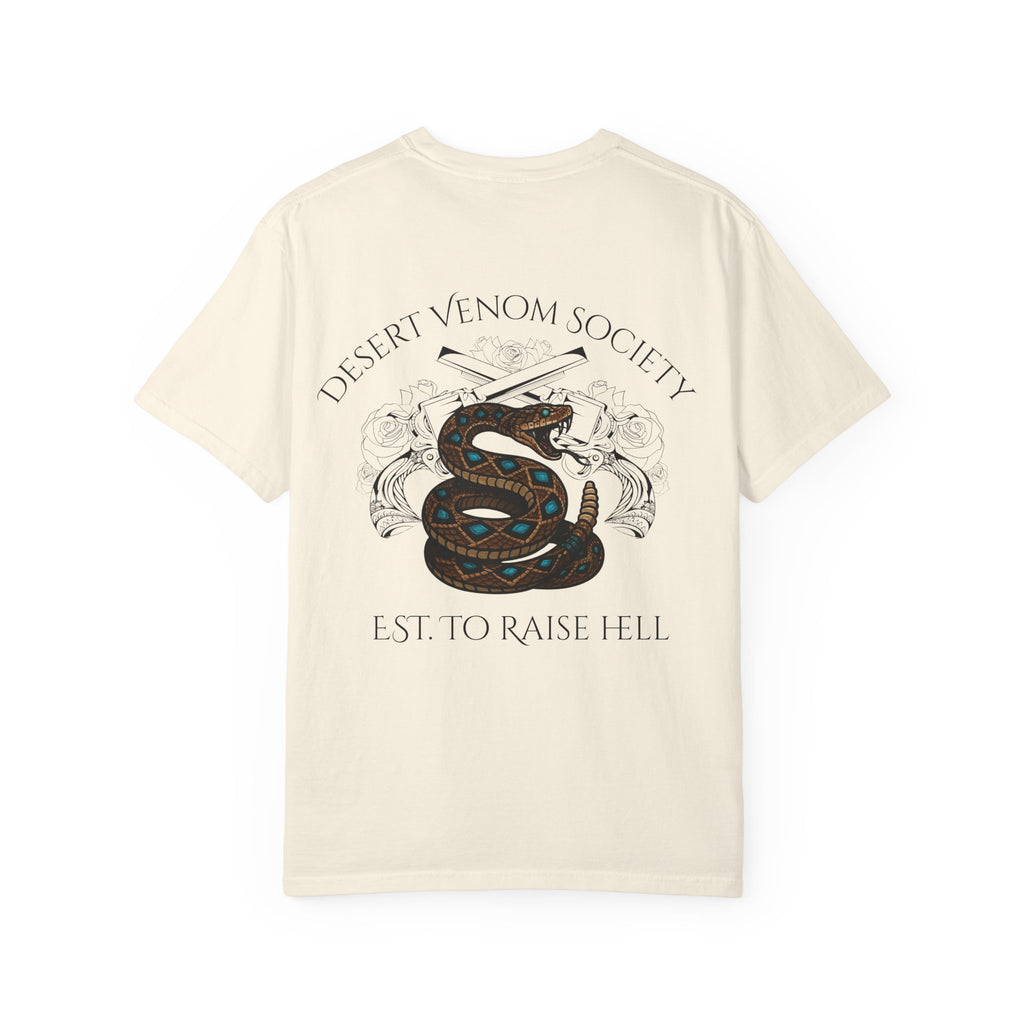 Desert Venom Society T-Shirt — Snake Graphic "Est. To Raise Hell"