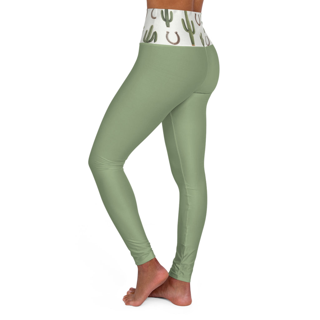 High-Waist Sage Yoga Leggings with Cactus & Horseshoe Waistband
