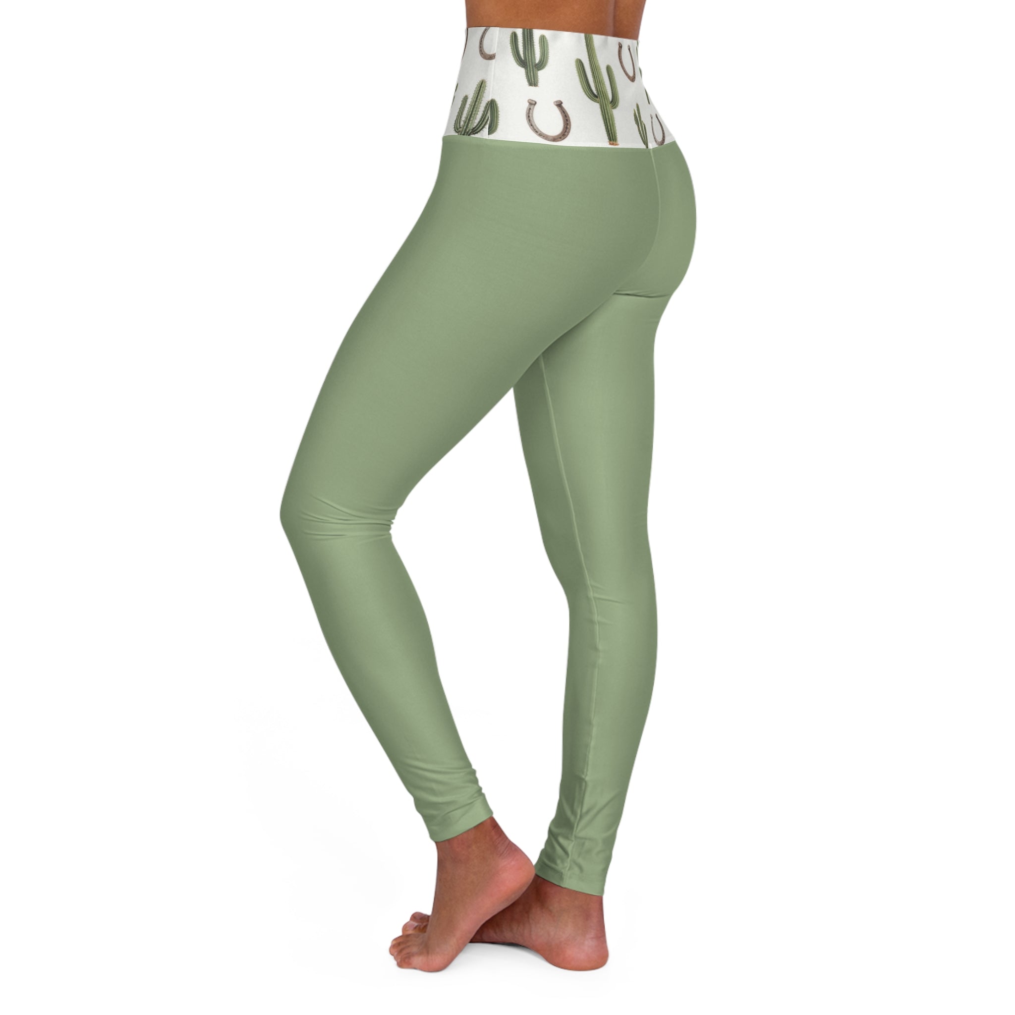 High-Waist Sage Yoga Leggings with Cactus & Horseshoe Waistband