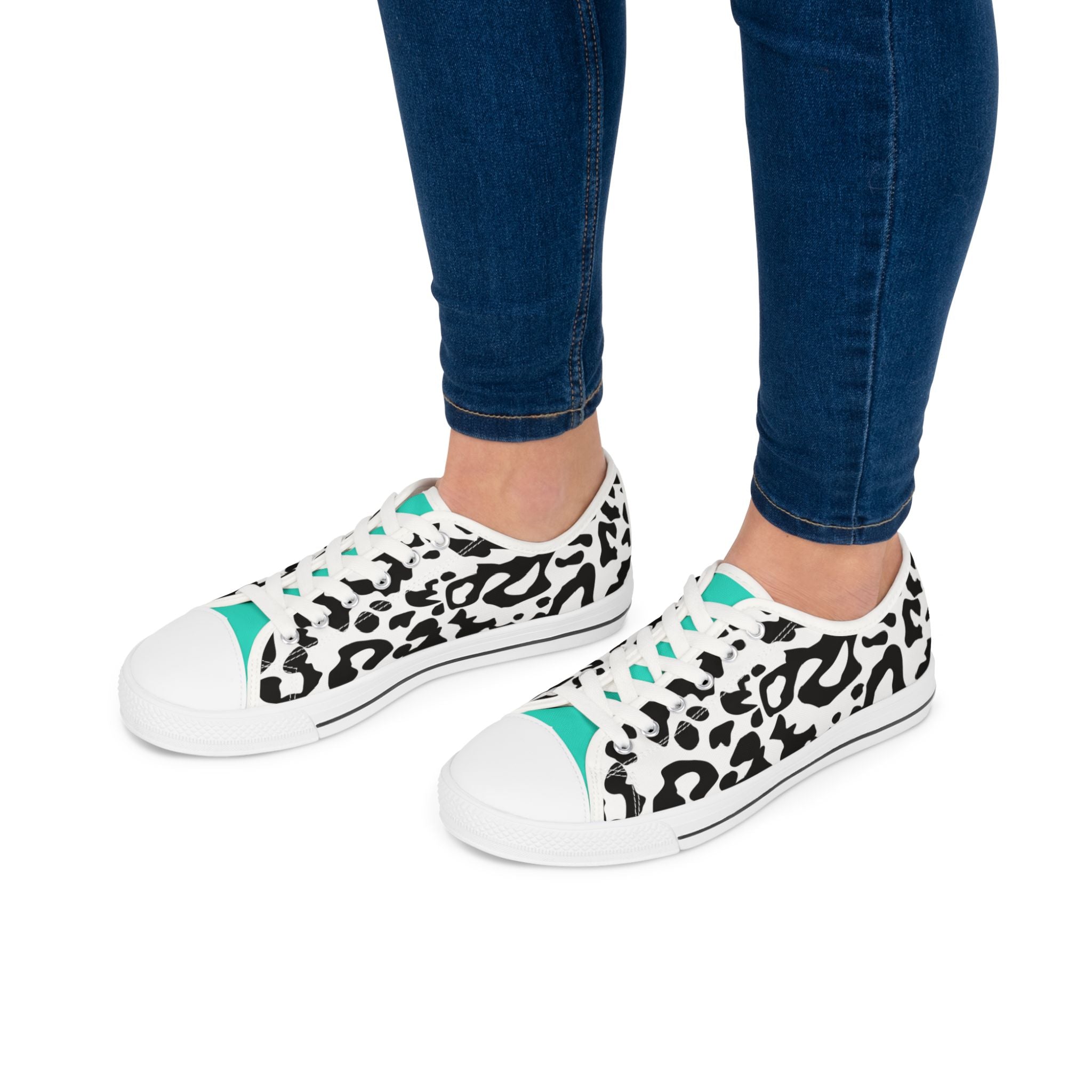 Low Top Sneakers — Black & White Leopard Print with Teal Accent