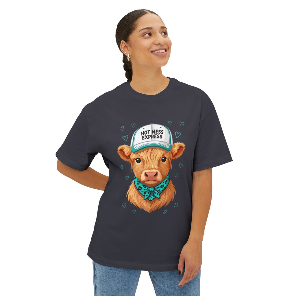Cow Portrait Tee — "Hot Mess Express" Graphic Oversized Boxy T‑Shirt