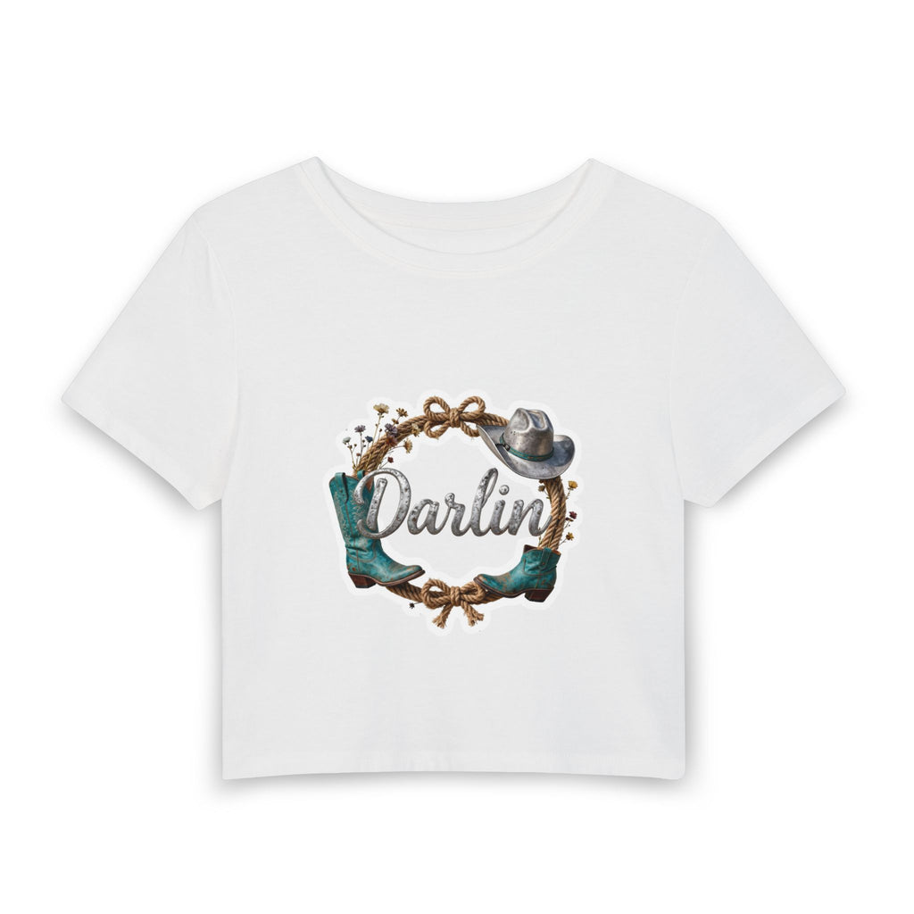Darlin' Western Crop Tee — Women's Cowboy Boots & Hat Graphic Baby Tee
