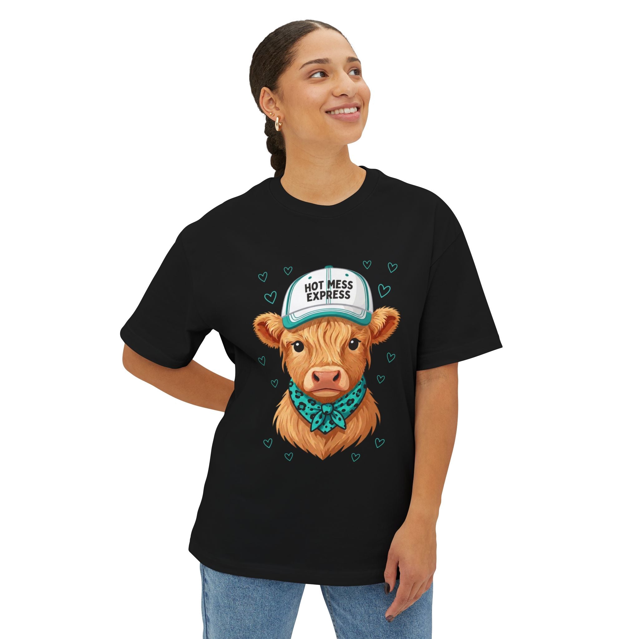 Cow Portrait Tee — "Hot Mess Express" Graphic Oversized Boxy T‑Shirt