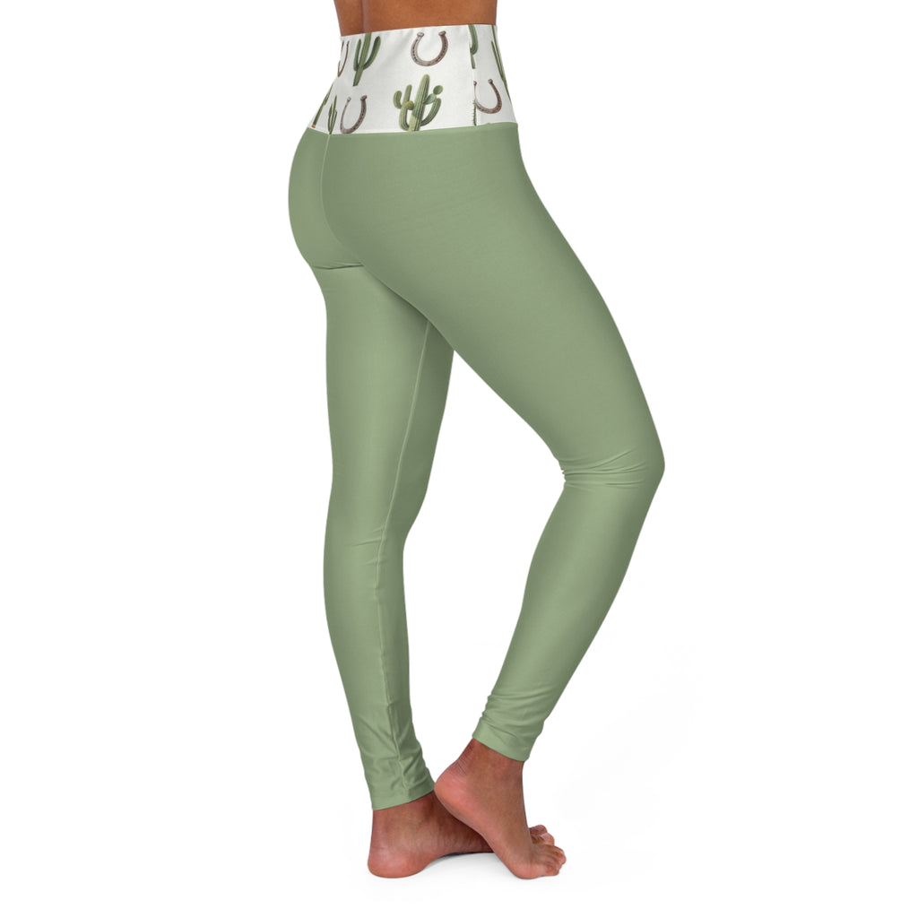 High-Waist Sage Yoga Leggings with Cactus & Horseshoe Waistband